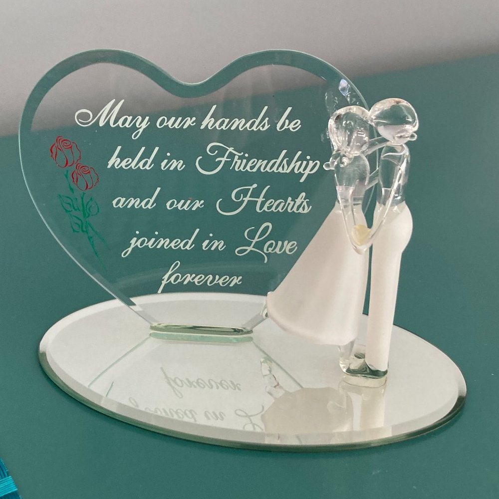 Glass Art Figurine Bride and Groom Swarovski Crystal Heart Keepsake